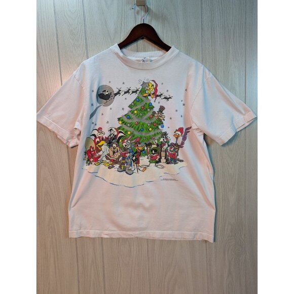 Vintage 90s Looney Tunes Christmas Tree T-Shirt Large Bug Bunny Taz Marvin White - Picture 1 of 7